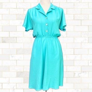 Vintage Retro Button Up Collared Aqua Dress